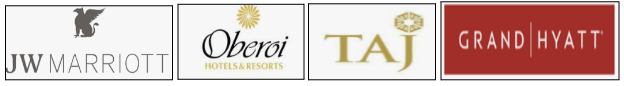 Logos of major hotel brands: JW Marriott, Oberoi Hotels & Resorts, Taj, and Grand Hyatt.